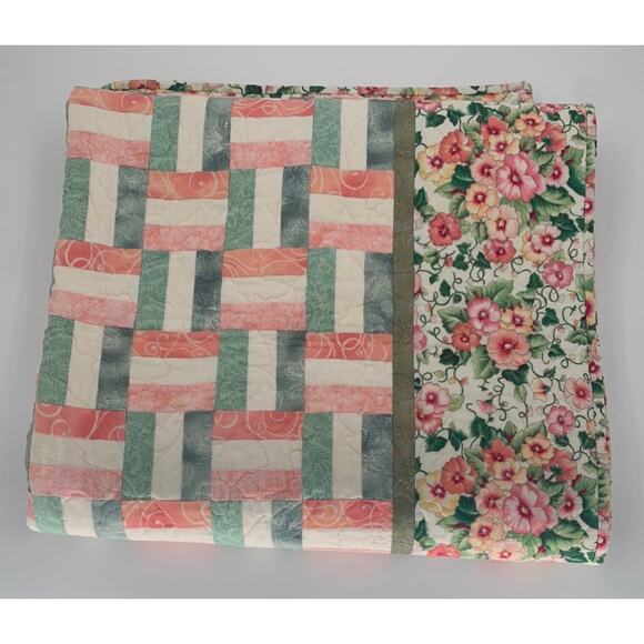 Handmade Quilted Throw Blanket Cotton Peach Color Floral Rail Fence Weave Design - Picture 1 of 14